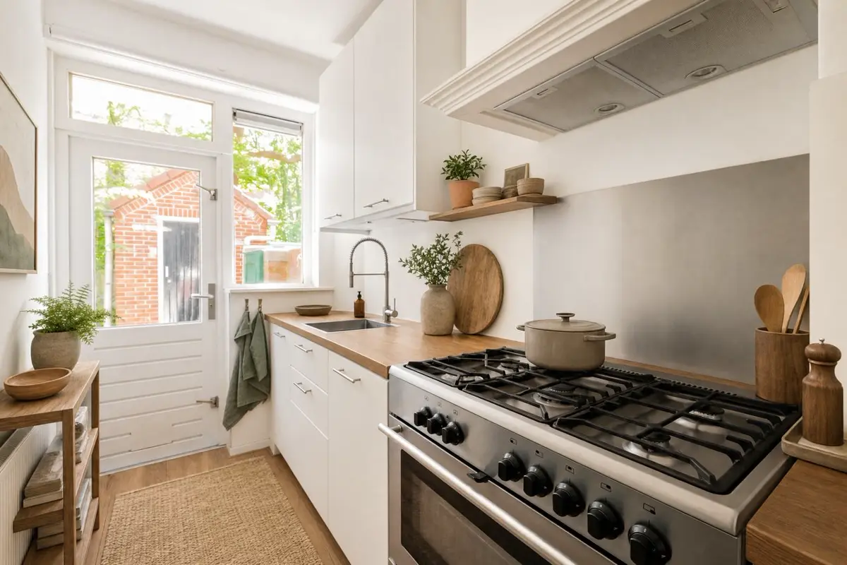 Dezelfde keuken digitaal aangekleed met planten, potten en accessoires