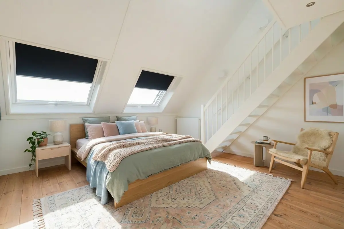 Dezelfde slaapkamer digitaal hergestyld met ander beddengoed en een vloerkleed